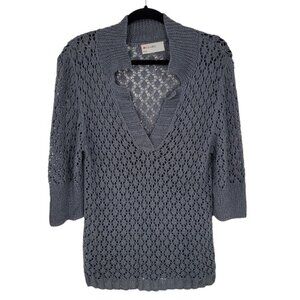 Gedifra womens small gray blue hand made open knit v neck 3/4 sleeve sweater
